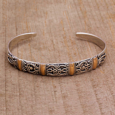 Gold accent sterling silver cuff bracelet, 'Merajan Mystique' - 18k Gold Accent Sterling Silver Cuff Bracelet from Bali