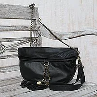 Leather shoulder bag, 'Stylish Lady' - Charcoal Grey Leather Shoulder Bag from Indonesia