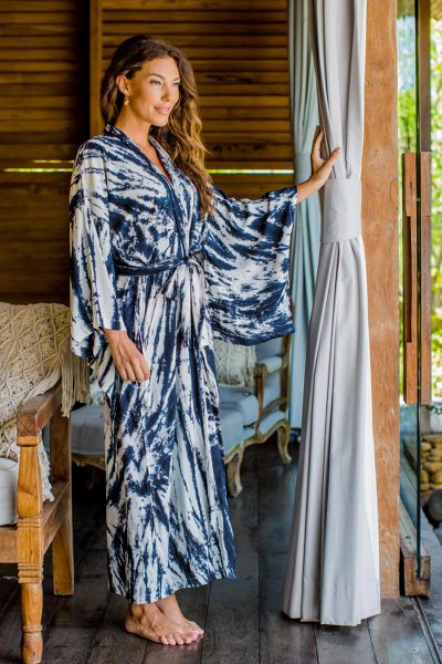 Tie-dyed rayon robe, 'Nighttime Sky' - Women's Kimono Style Navy Blue and Cream Tie-dye Rayon Robe
