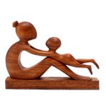 Wood sculpture, 'Playful Mother' - Hand-Carved Suar Wood Mother and Child Sculpture from Bali