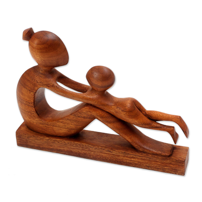 Wood sculpture, 'Playful Mother' - Hand-Carved Suar Wood Mother and Child Sculpture from Bali