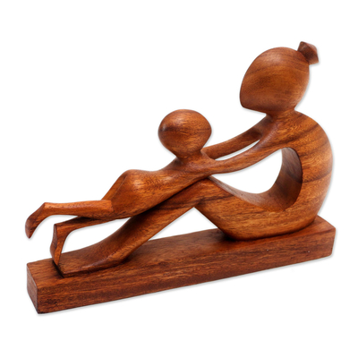 Wood sculpture, 'Playful Mother' - Hand-Carved Suar Wood Mother and Child Sculpture from Bali
