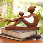 Wood sculpture, 'Playful Mother' - Hand-Carved Suar Wood Mother and Child Sculpture from Bali