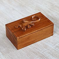Decorative wood box, 'Forest Gecko' - Hand Carved Suar Wood Box with Gecko Lid from Bali
