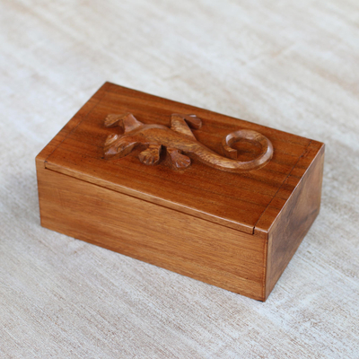 Decorative wood box, 'Forest Gecko' - Hand Carved Suar Wood Box with Gecko Lid from Bali