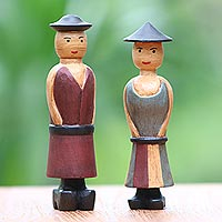 Wood figurines, 'Happy Farmers' (pair) - Hand Carved Wood Figurines of a Farmer Couple from Bali