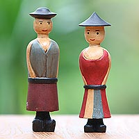 Wood figurines, 'Jolly Farmers' (pair) - Two Hand-Carved Wood Figurines of a Farmer Couple from Bali