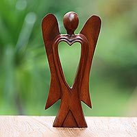 Wood figurine, 'Heart of an Angel' - Hand Carved Wood Figurine of an Angel with Heart Feature