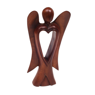 Wood figurine, 'Heart of an Angel' - Hand Carved Wood Figurine of an Angel with Heart Feature