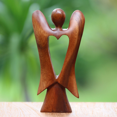Wood figurine, 'Heart of an Angel' - Hand Carved Wood Figurine of an Angel with Heart Feature