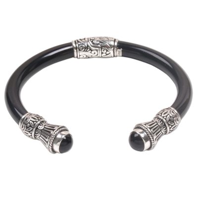 Onyx cuff bracelet, 'Fern Temple' - Onyx and Sterling Silver Cuff Bracelet from Bali