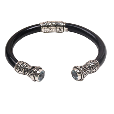 Blue topaz cuff bracelet, 'Fern Temple' - Blue Topaz and Sterling Silver Cuff Bracelet from Bali