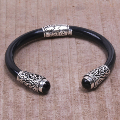Onyx cuff bracelet, 'Heart of the Night' - Onyx and Sterling Silver Cuff Bracelet from Bali