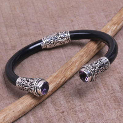 Amethyst cuff bracelet, 'Heart of the Jungle' - Amethyst and Sterling Silver Cuff Bracelet from Bali