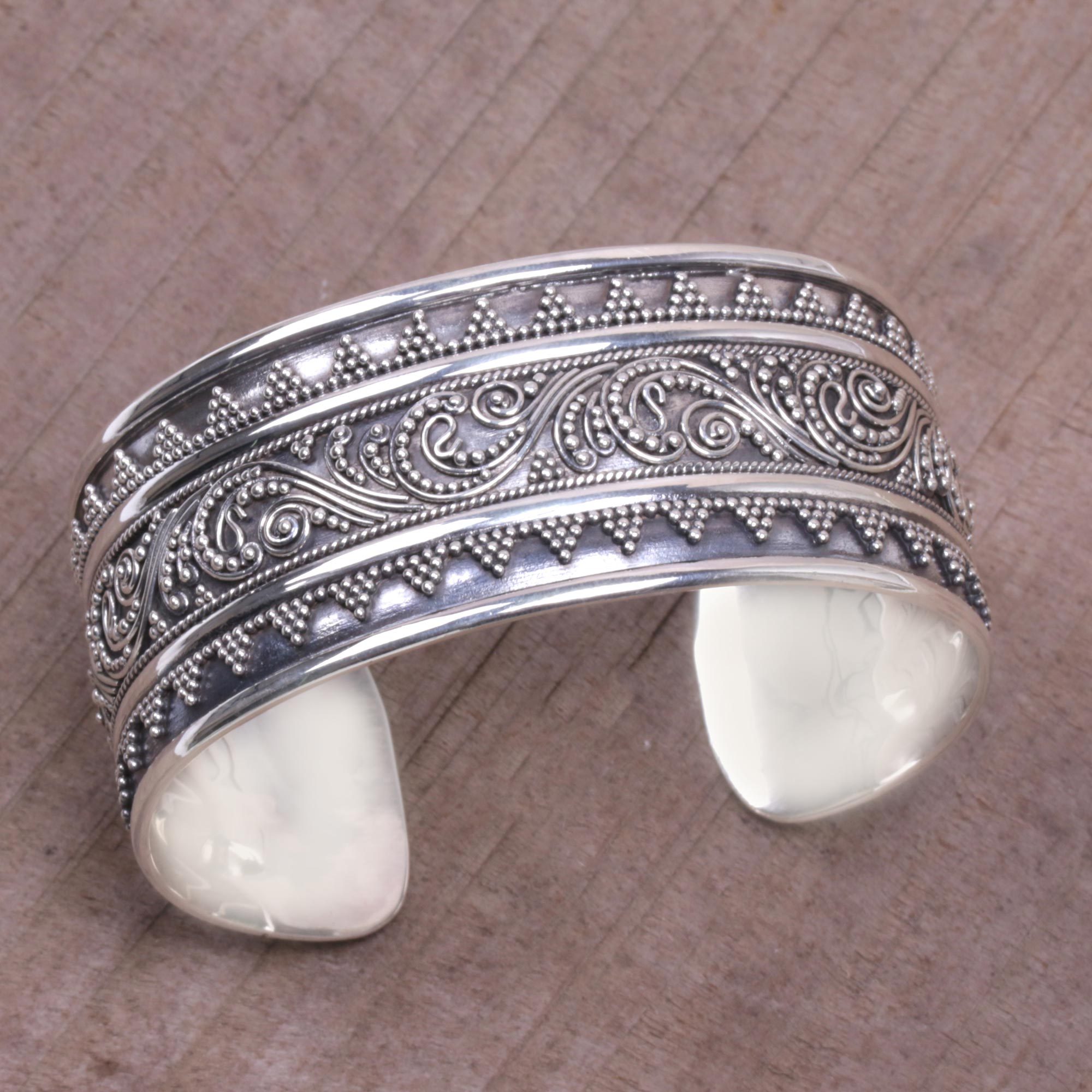 Sterling Silver Swirl Motif Cuff Bracelet from Bali Swirling Temple