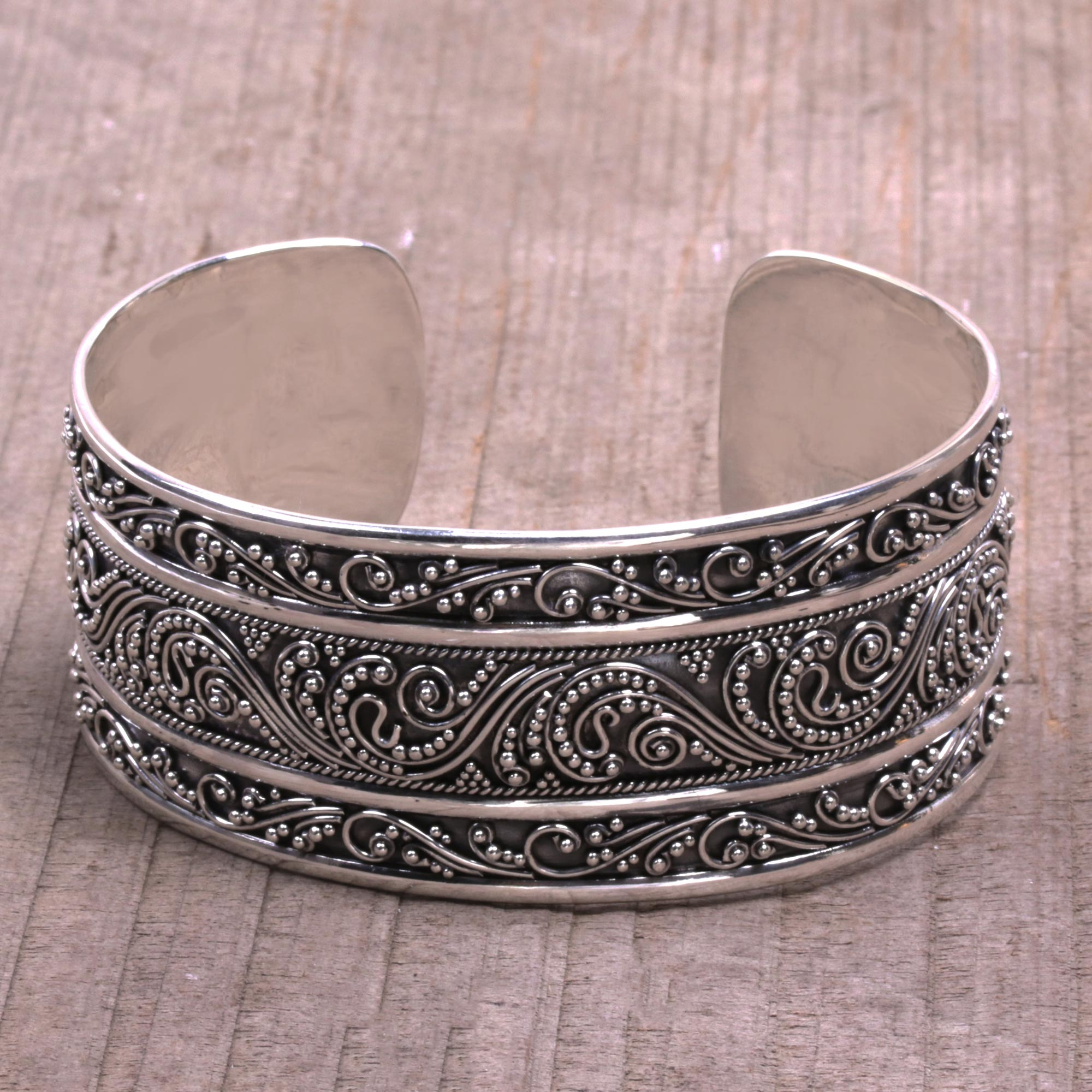 Intricate Sterling Silver Cuff Bracelet from Bali - Temple Vine | NOVICA
