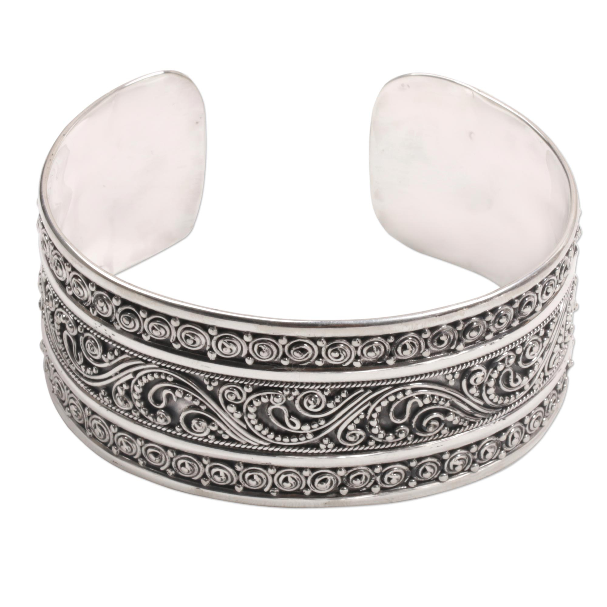 Dot Motif Sterling Silver Cuff Bracelet from Bali - Dotted Temple | NOVICA