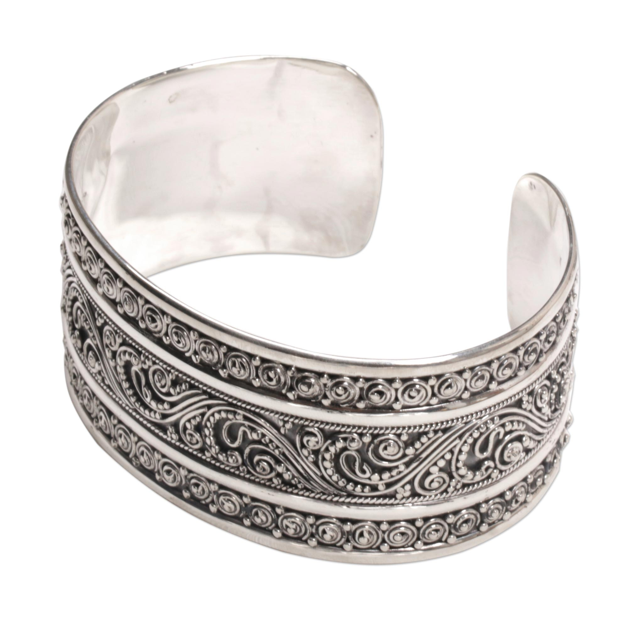 Dot Motif Sterling Silver Cuff Bracelet from Bali - Dotted Temple | NOVICA
