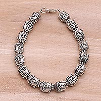 Sterling silver beaded bracelet, 'Buddha Guardians' - Sterling Silver Buddha Head Beaded Bracelet from Bali