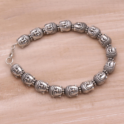 Sterling silver beaded bracelet, 'Buddha Guardians' - Sterling Silver Buddha Head Beaded Bracelet from Bali