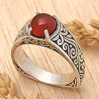 Carnelian single stone ring, 'Uluwatu Temple' - Carnelian and Sterling Silver Single Stone Ring from Bali