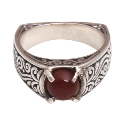 Carnelian single stone ring, 'Uluwatu Temple' - Carnelian and Sterling Silver Single Stone Ring from Bali
