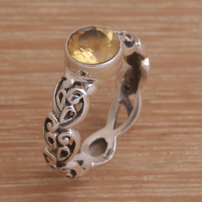 Citrine single-stone ring, 'Temple Creeper' - Citrine and Sterling Silver Single-Stone Ring from Bali