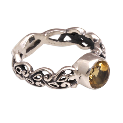 Citrine single-stone ring, 'Temple Creeper' - Citrine and Sterling Silver Single-Stone Ring from Bali
