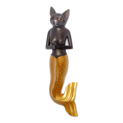 Wood wall sculpture, 'Mermaid Kitty in Dark Grey' - Mermaid Cat Wall Sculpture in Dark Grey and Gold from Bali