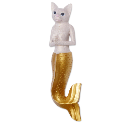 Wood wall sculpture, 'Mermaid Kitty in White' - Mermaid Cat Wall Sculpture in White and Gold from Bali