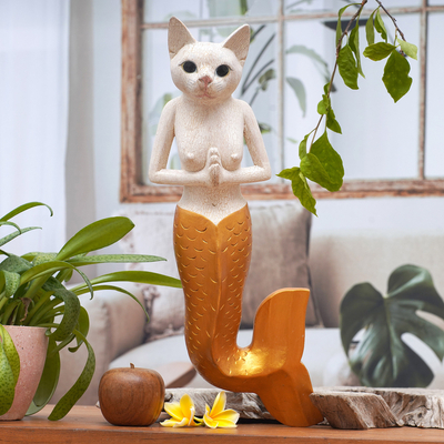 Wood wall sculpture, 'Mermaid Kitty in White' - Mermaid Cat Wall Sculpture in White and Gold from Bali