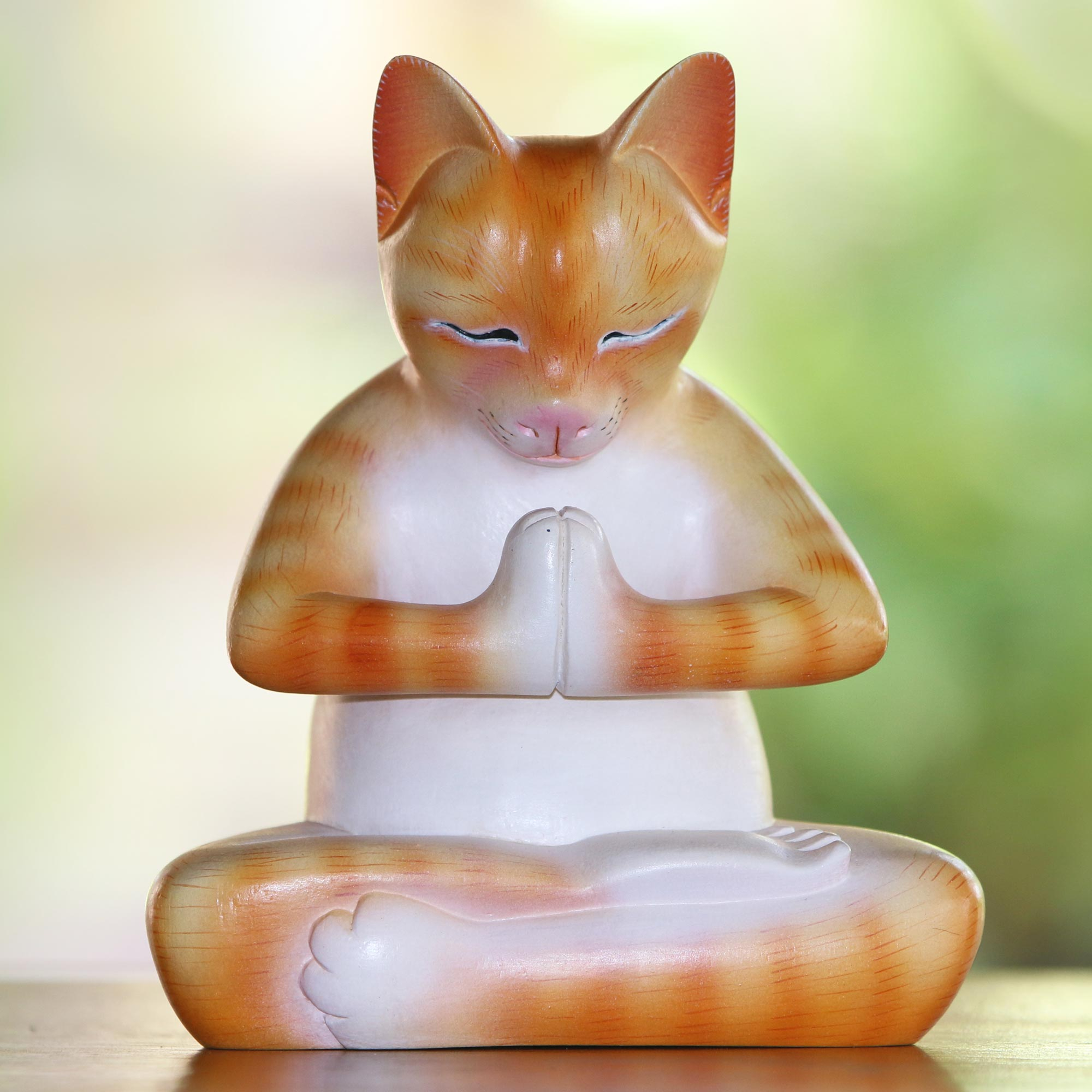 UNICEF Market | Wood Meditating Cat Statuette in Orange and White from