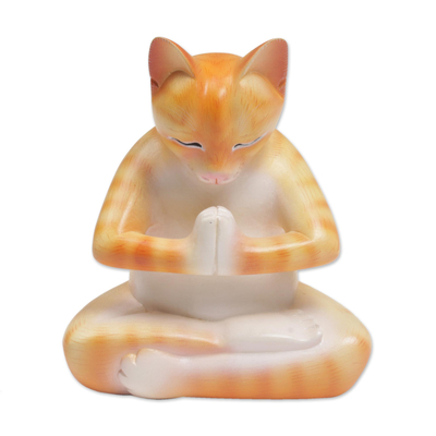 Wood statuette, 'Meditating Kitty in Orange' - Wood Meditating Cat Statuette in Orange and White from Bali