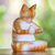 Wood statuette, 'Meditating Kitty in Orange' - Wood Meditating Cat Statuette in Orange and White from Bali (image 2b) thumbail