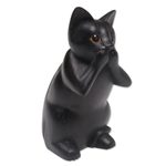 Wood sculpture, 'Kitty Speaks No Evil' - Hand-Carved Black Suar Wood Cat Sculpture from Bali
