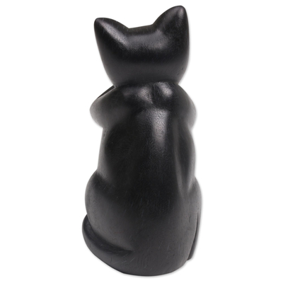 Wood sculpture, 'Kitty Speaks No Evil' - Hand-Carved Black Suar Wood Cat Sculpture from Bali