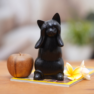 Wood sculpture, 'Kitty Sees No Evil' - Hand-Carved Black Suar Wood Cat Sculpture from Bali