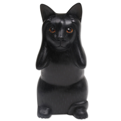Hand-Carved Black Suar Wood Cat Sculpture from Bali