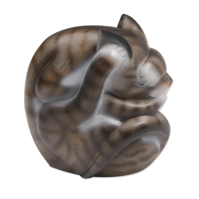 Curled Wood Cat Sculpture in Grey and White from Bali
