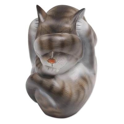 Wood sculpture, 'Virtuous Kitty' - Curled Wood Cat Sculpture in Grey and White from Bali