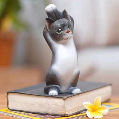 Wood sculpture, 'Skyward Paws' - Whimsical Wood Cat Sculpture in Grey and White from Bali