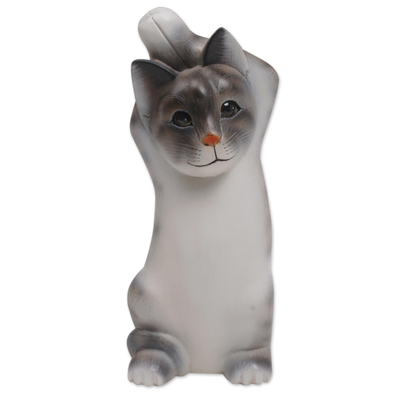 Wood sculpture, 'Skyward Paws' - Whimsical Wood Cat Sculpture in Grey and White from Bali