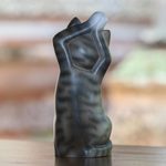 Wood sculpture, 'Skyward Paws' - Whimsical Wood Cat Sculpture in Grey and White from Bali