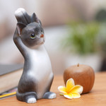 Wood sculpture, 'Skyward Paws' - Whimsical Wood Cat Sculpture in Grey and White from Bali