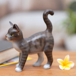 Wood sculpture, 'Curious Kitten' - Standing Wood Cat Sculpture in Grey and White from Bali