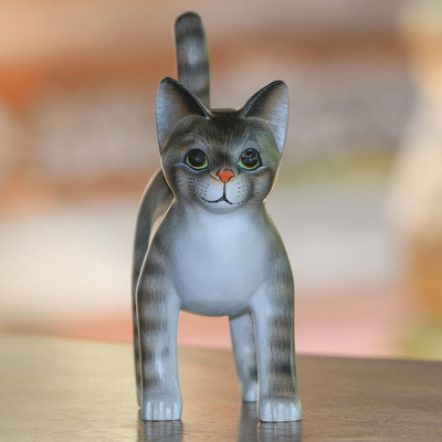 Wood sculpture, 'Curious Kitten' - Standing Wood Cat Sculpture in Grey and White from Bali