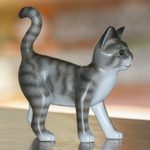 Wood sculpture, 'Curious Kitten' - Standing Wood Cat Sculpture in Grey and White from Bali