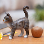 Wood sculpture, 'Curious Kitten' - Standing Wood Cat Sculpture in Grey and White from Bali