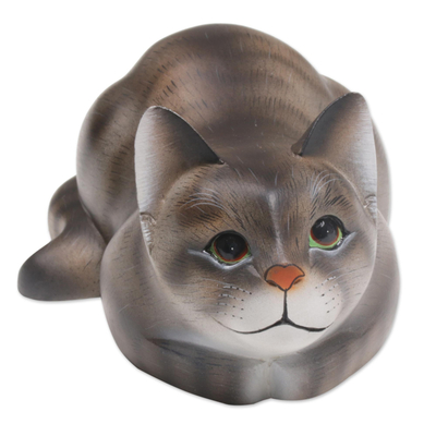 Resting Wood Cat Sculpture in Grey and White from Bali