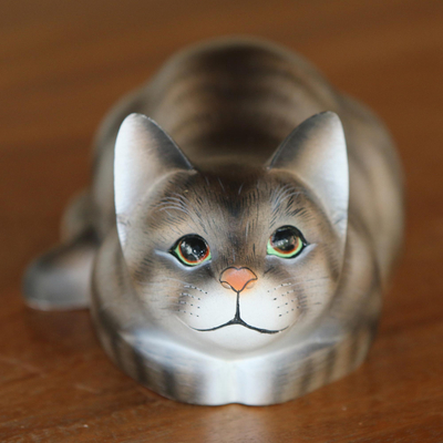 Wood sculpture, 'Resting Kitty' - Resting Wood Cat Sculpture in Grey and White from Bali